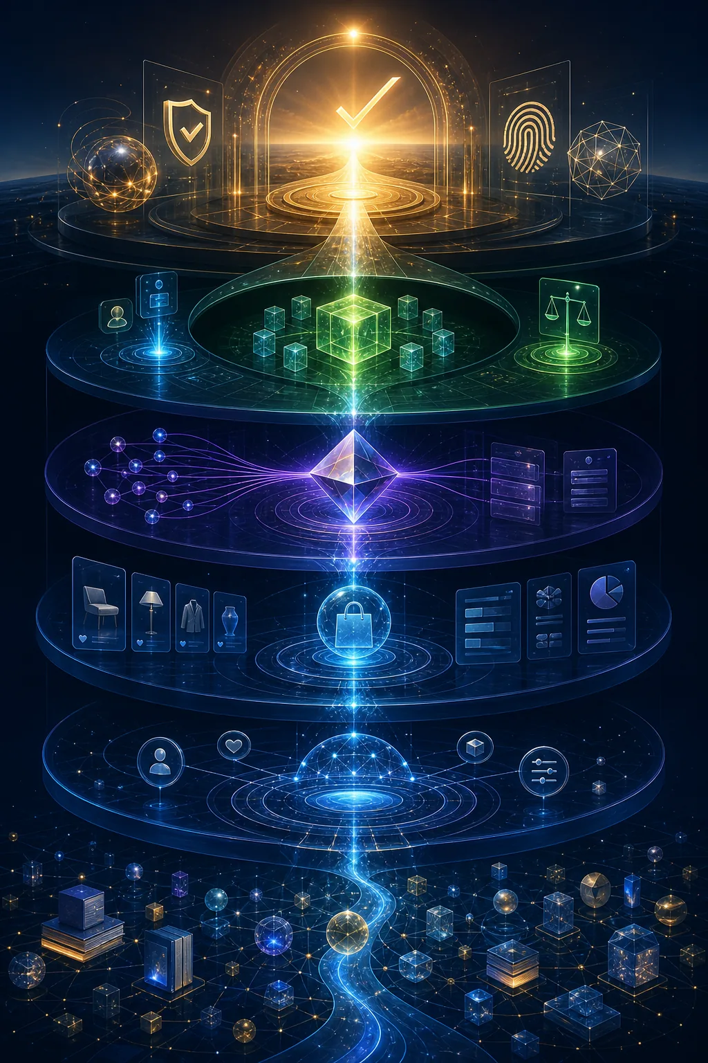 A layered path progressing from distributed sources through synthesis, recommendation, structured commerce, agent interaction, human confirmation, and trusted execution