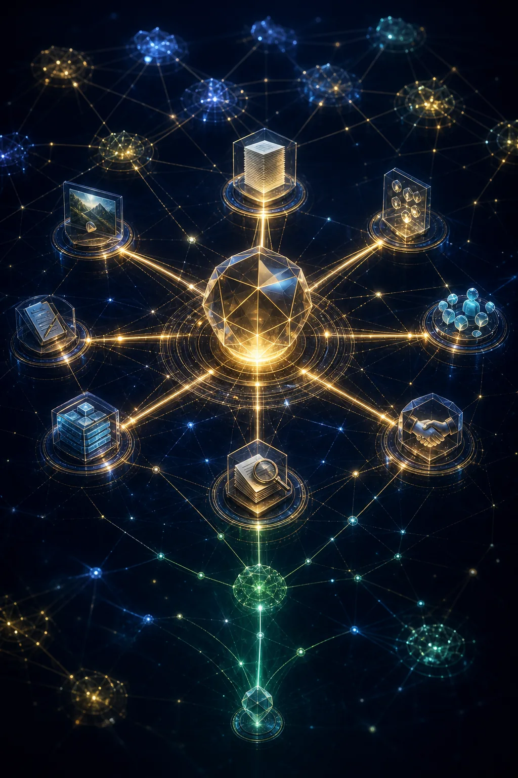 A brand authority core supported by editorial, video, review, reference, partner, community, and owned evidence nodes