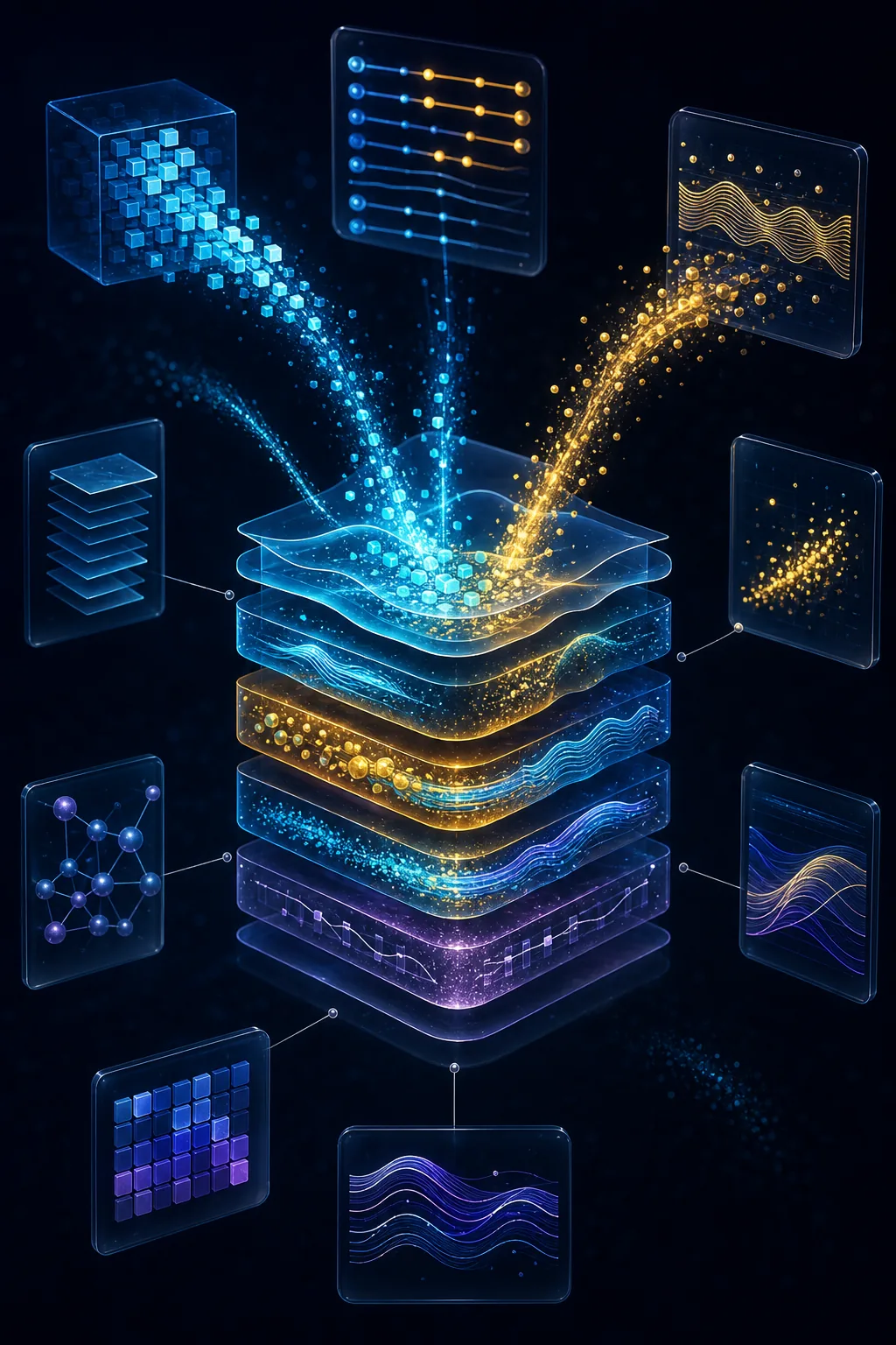 Evidence fragments flowing from selected sources into the layered structure of a generated answer