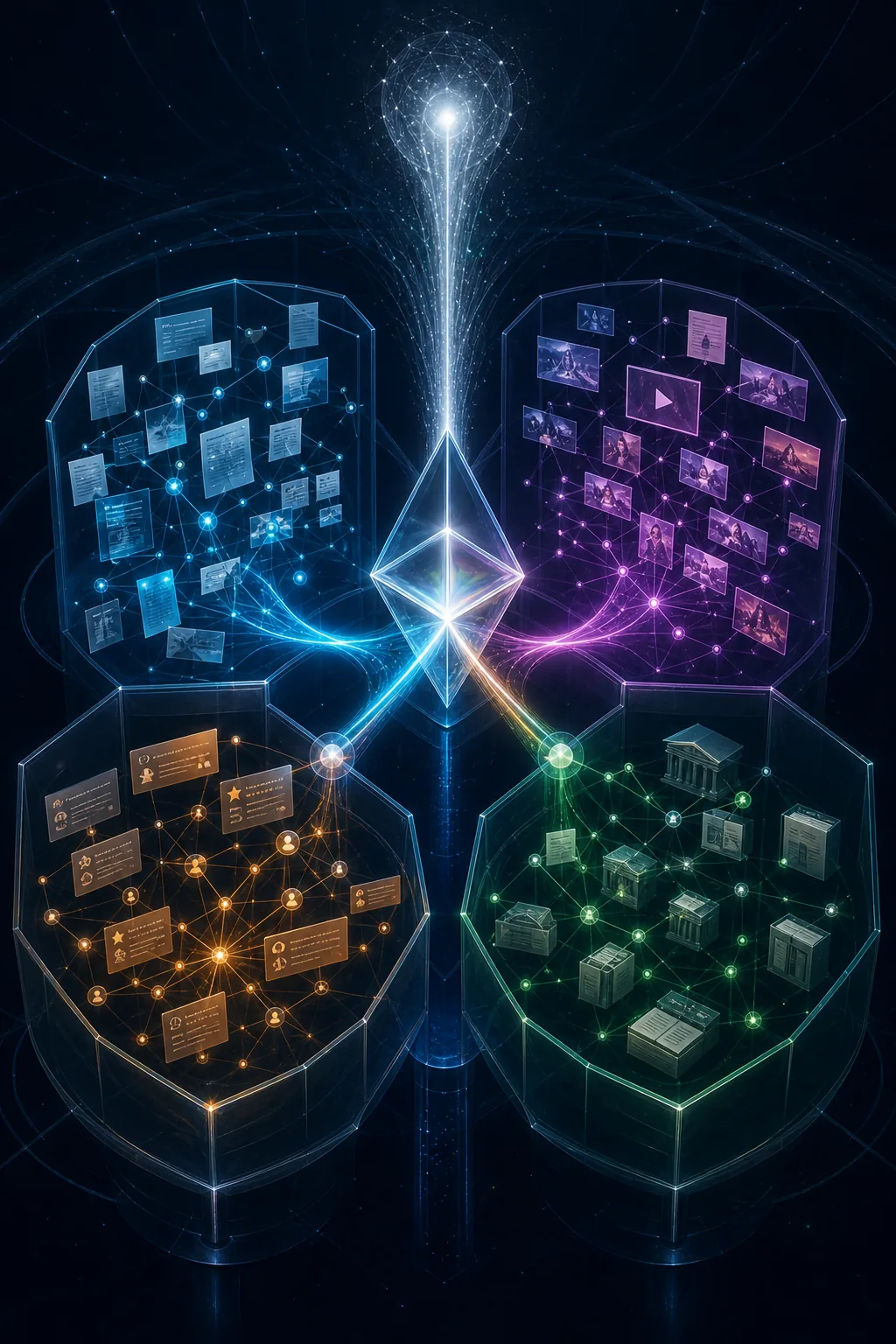 One query splitting into four AI engines that each select a different constellation of sources