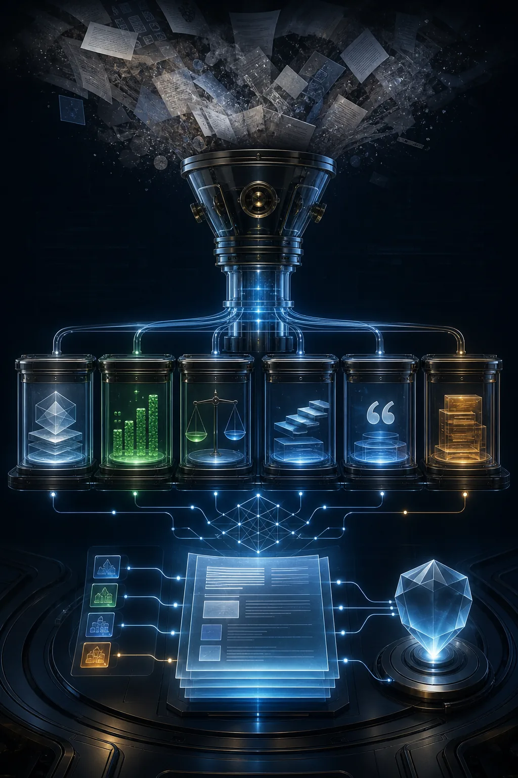A precision information refinery transforming diffuse documents into structured definitions, statistics, comparisons, procedures, quotations, and traceable evidence
