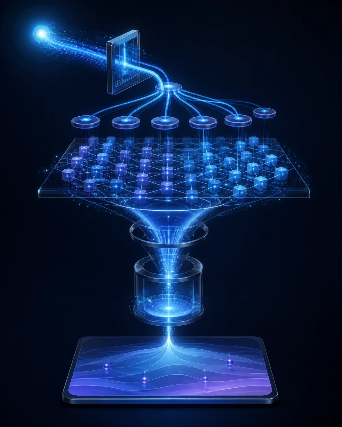 A luminous query moving through fan-out, retrieval, reranking, and context stages into a generated answer