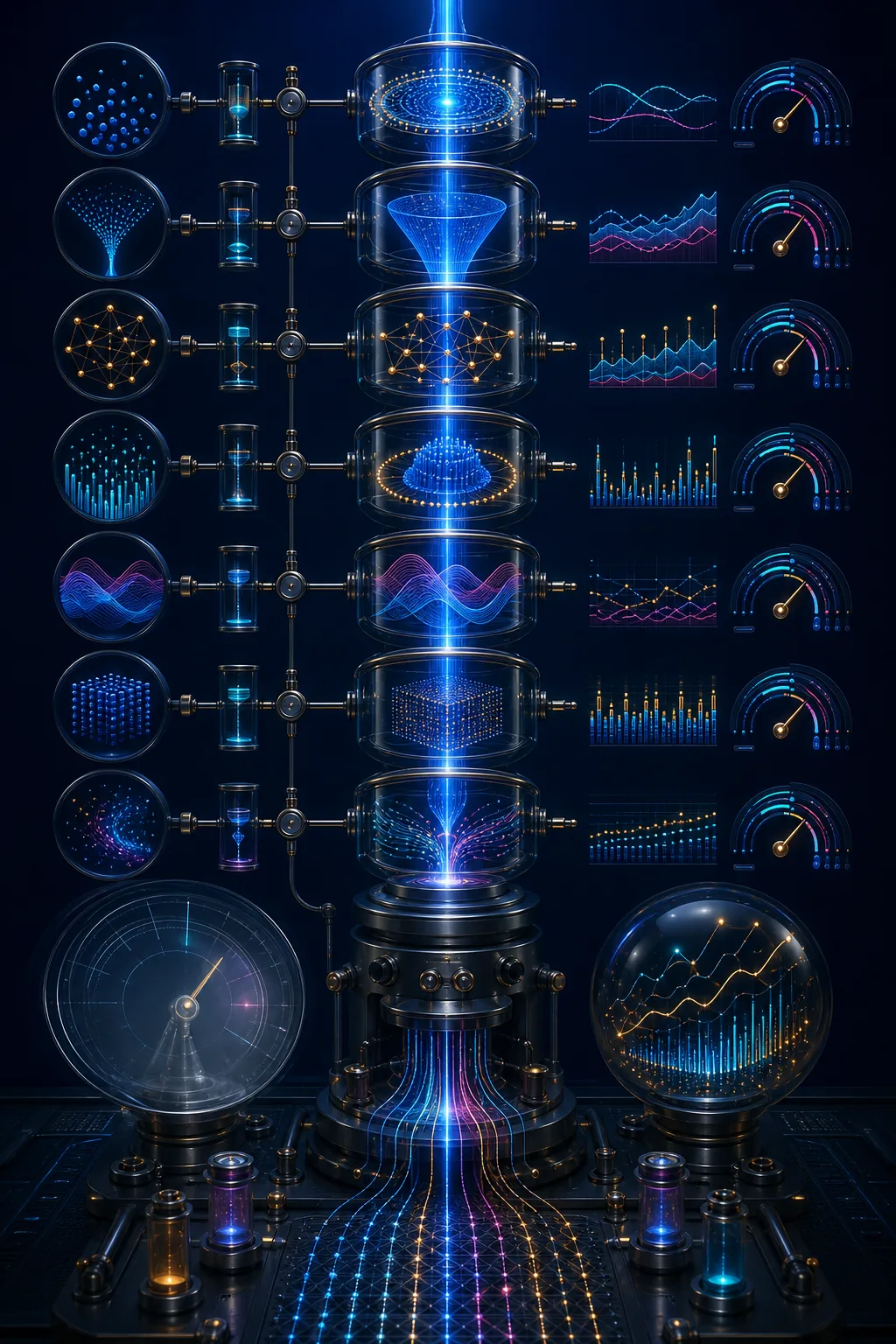 A layered precision instrument measuring multiple GEO stages, uncertainty bands, competitive share, and downstream business signals