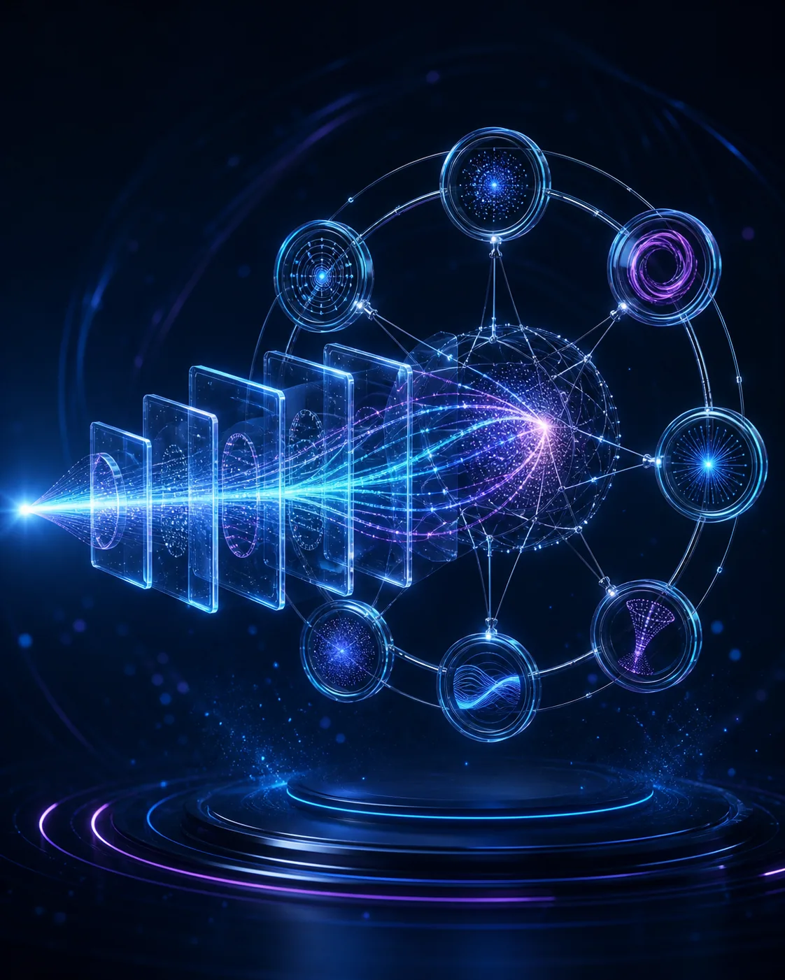 A multidimensional visibility signal passing through transparent stages into an interconnected measurement system