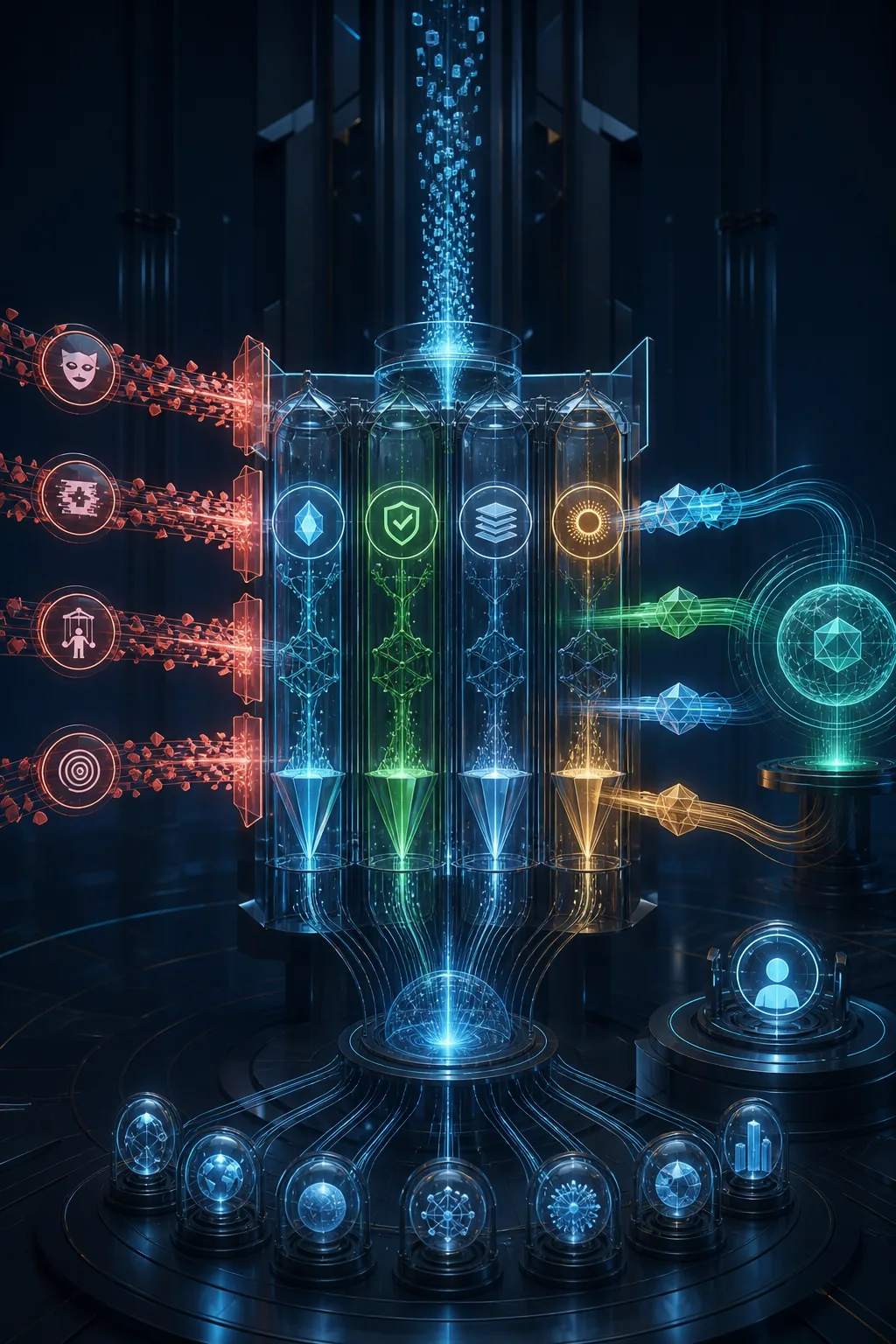 A four-stage integrity gate allowing verified transparent evidence through while blocking fabricated signals, hidden instructions, and deceptive authority